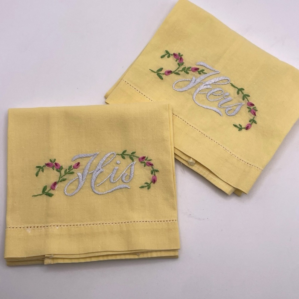 Vintage His & Hers Floral Embroidered Fingertip Towels Newly Weds Napkins‎